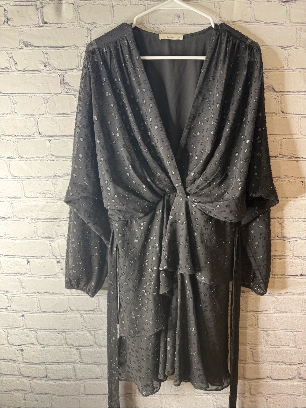 Sheike Black Sheer Long-Sleeve mini Dress with Tie